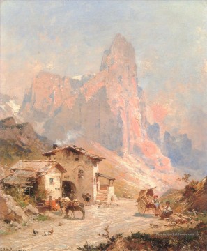  Unterberger Galerie - Figures dans un village dans le paysage des Dolomites Franz Richard Unterberger